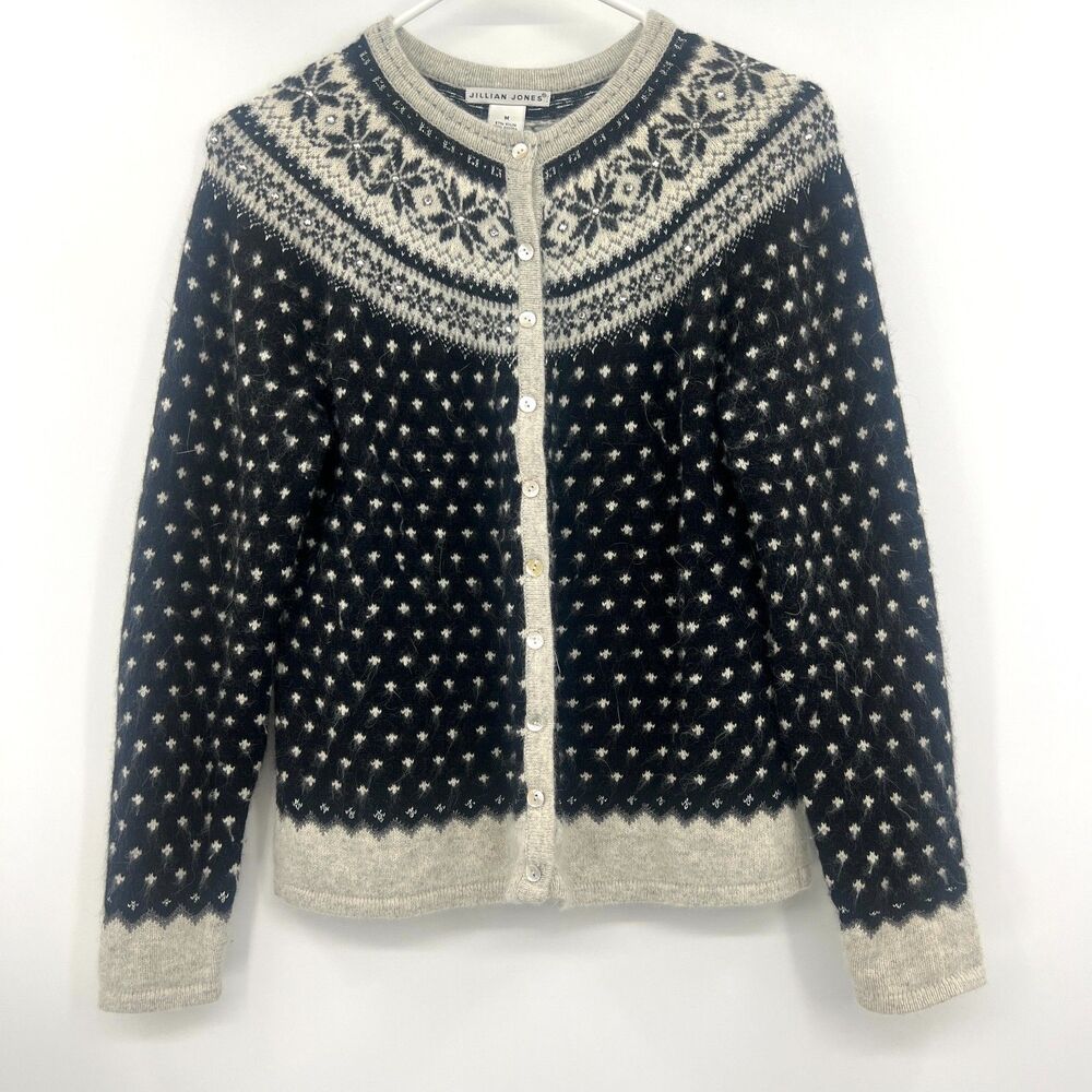 Jillian Jones Angora Blend Fair Isle Cardigan M Nordic Snowflake Beaded Sweater